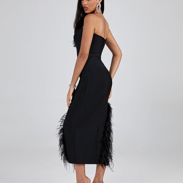 Strapless Feather Trim Midi Bandage Dress