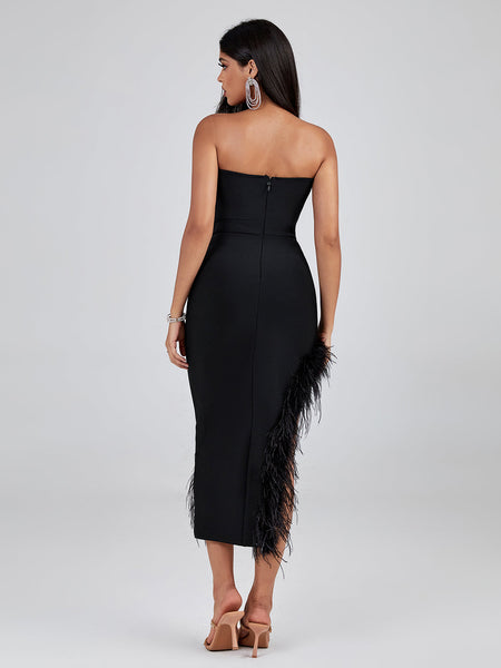 Strapless Feather Trim Midi Bandage Dress