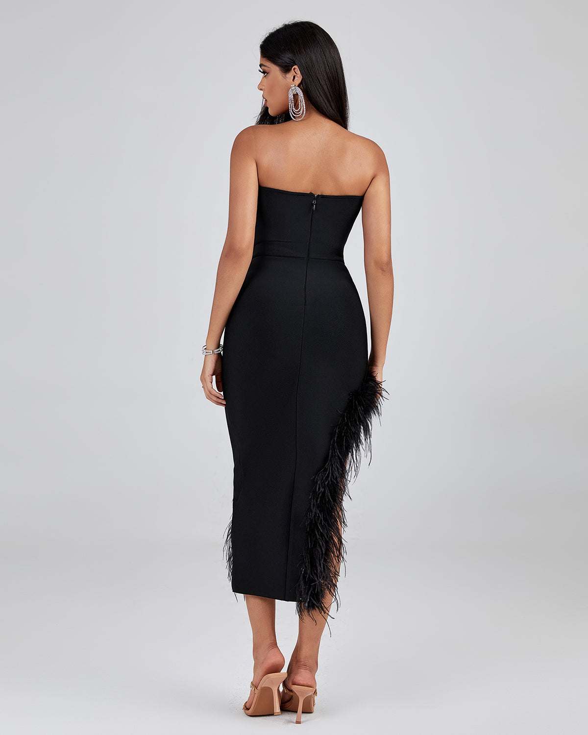 Strapless Feather Trim Midi Bandage Dress