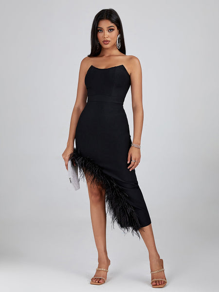 Strapless Feather Trim Midi Bandage Dress