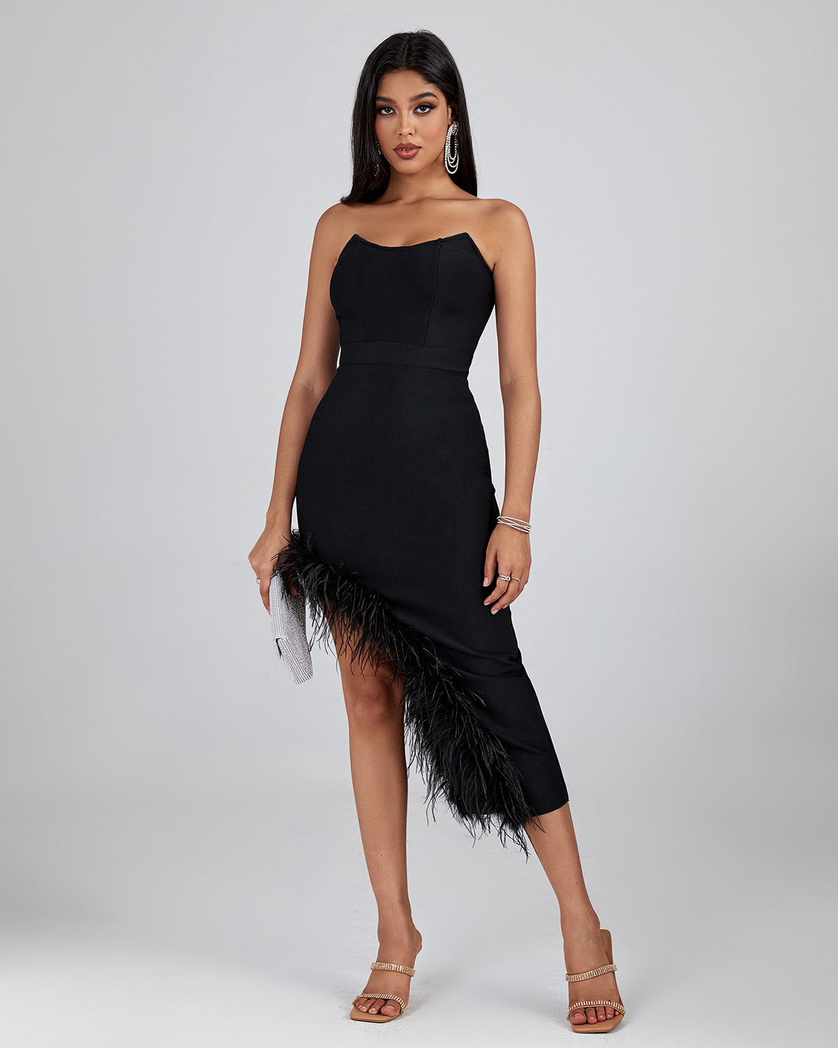 Octavia — Strapless Feather Trim Midi Bandage Dress, alternate view 4