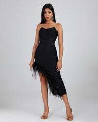 Octavia — Strapless Feather Trim Midi Bandage Dress, alternate view 4