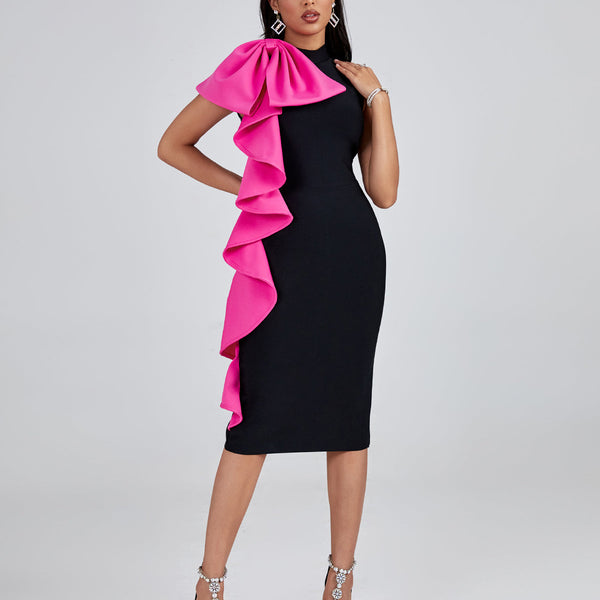 Bowknot Ruffle Midi Bandage Dress