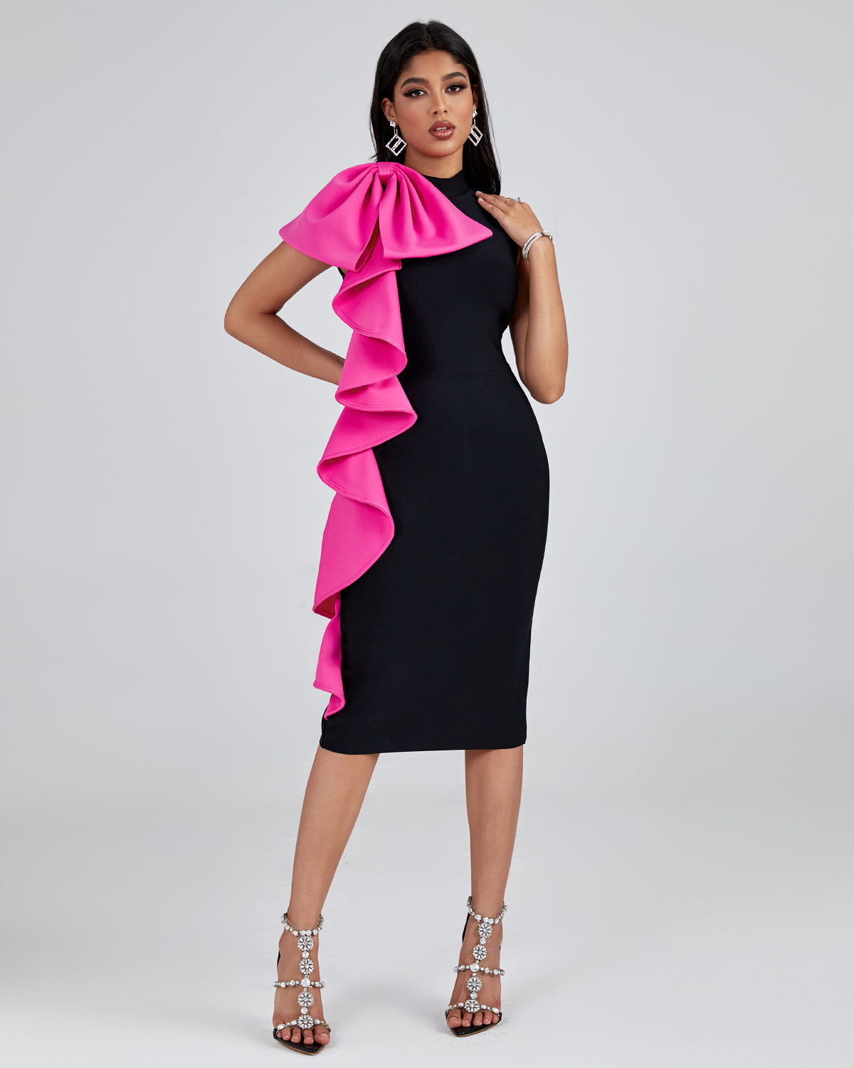 Natalia — Bowknot Ruffle Midi Bandage Dress, alternate view 4
