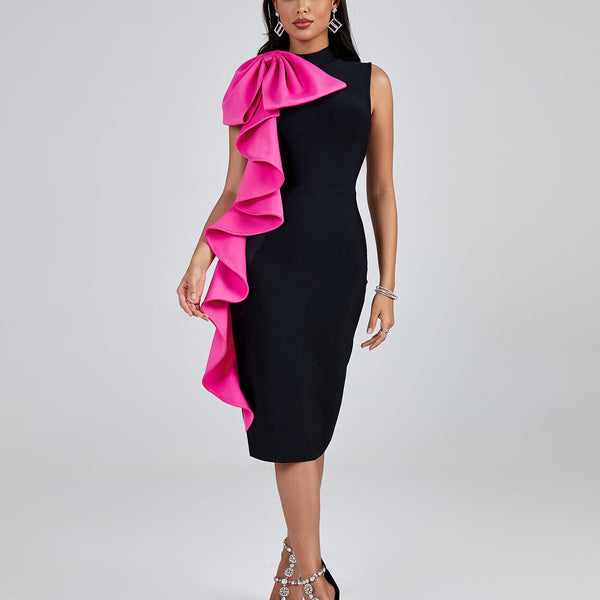 Bowknot Ruffle Midi Bandage Dress