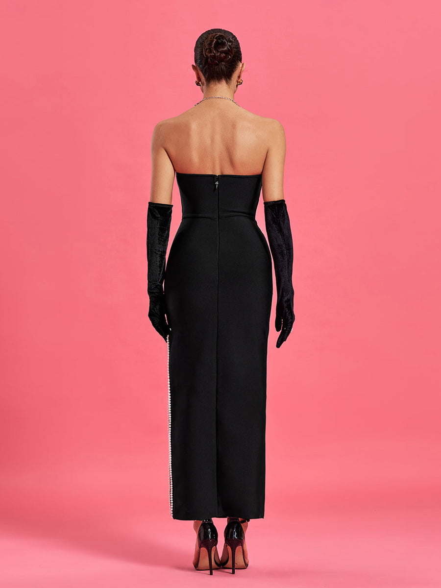 Strapless Pearl Trim Bandage Dress With Gloves - Opulent Empire