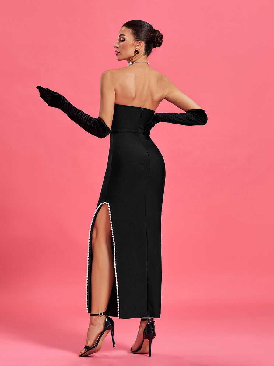 Strapless Pearl Trim Bandage Dress With Gloves - Opulent Empire