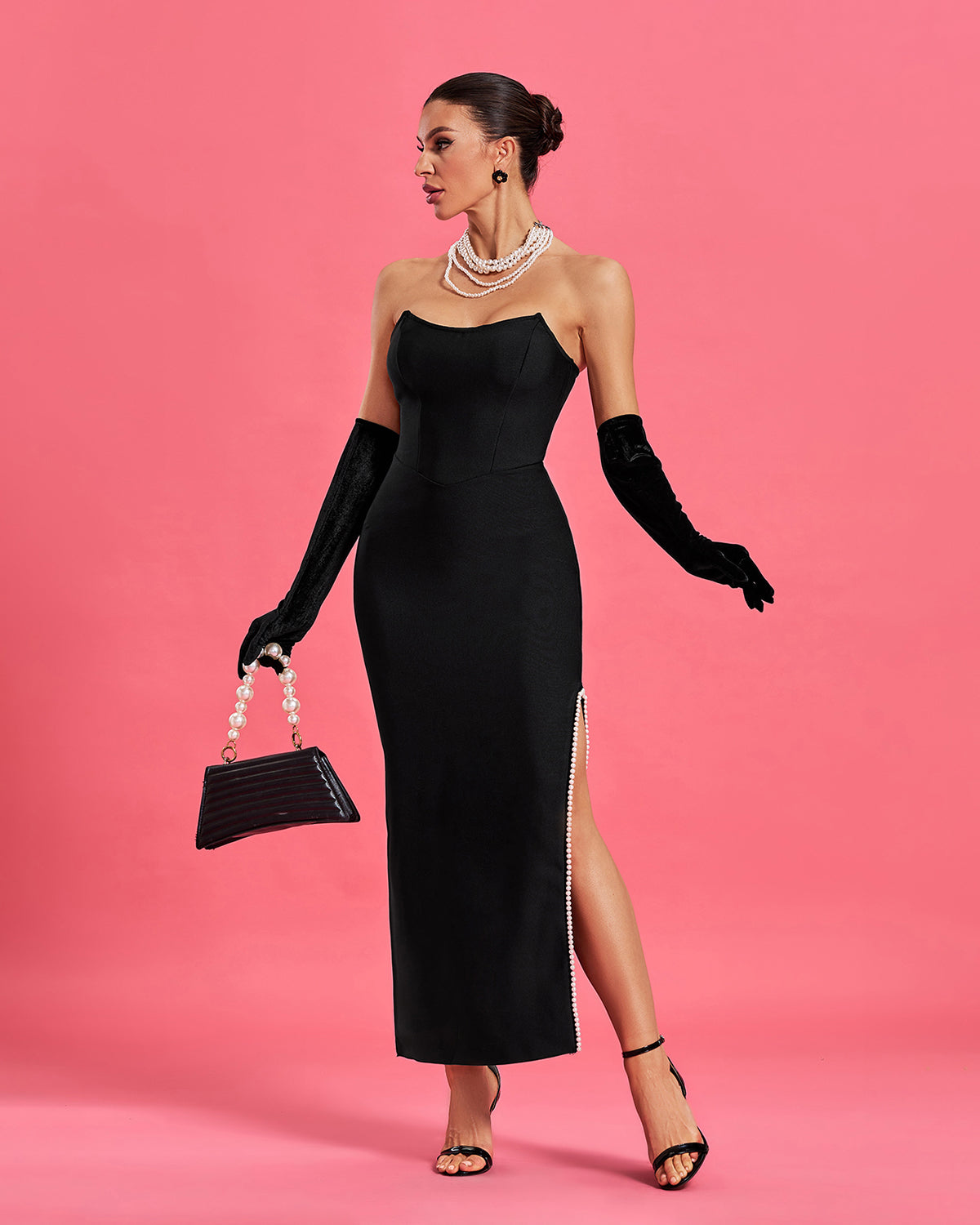 Wisteria Beaumont — Strapless Pearl Trim Bandage Dress With Gloves, alternate view 5