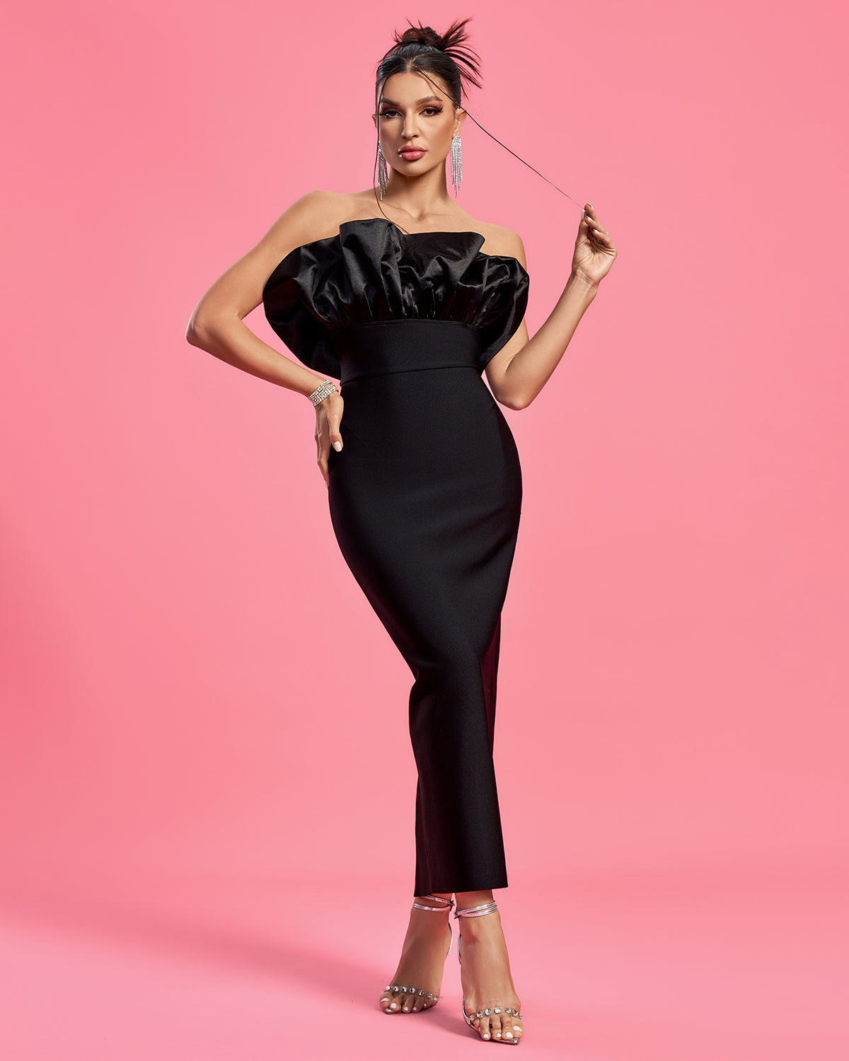 Desirée Delacroix — Elegant Strapless Satin and Bandage Long Dress