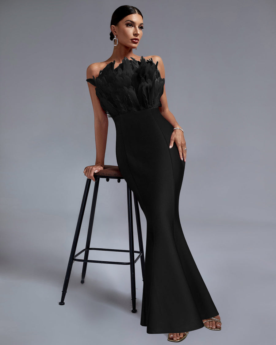 Cecilia Beaumont — Elegant Strapless Feather-Embellished Maxi Bandage Dress