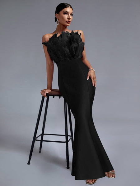 Elegant Strapless Feather-Embellished Maxi Bandage Dress - Opulent Empire