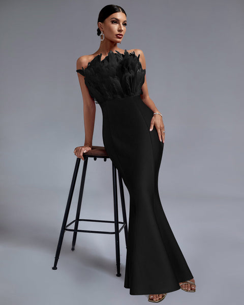 Elegant Strapless Feather-Embellished Maxi Bandage Dress - Opulent Empire