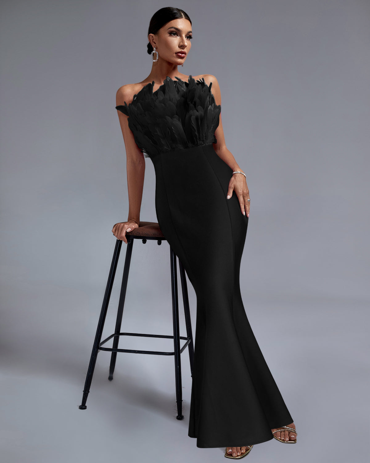 Elegant Strapless Feather-Embellished Maxi Bandage Dress
