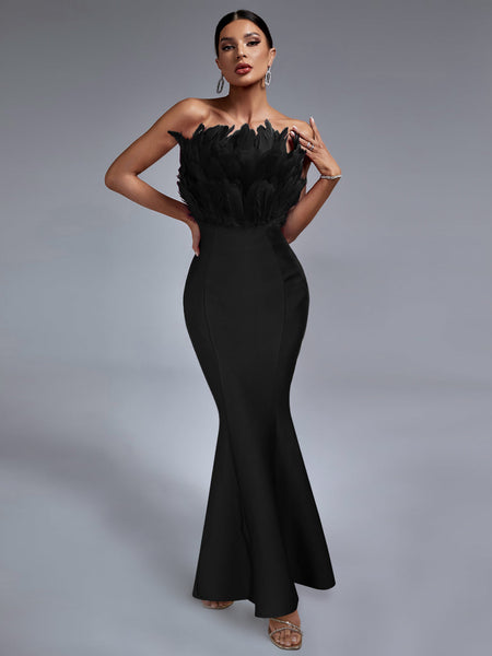 Elegant Strapless Feather-Embellished Maxi Bandage Dress