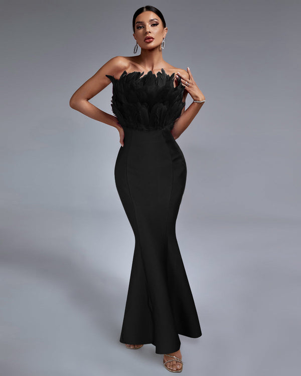 Elegant Strapless Feather-Embellished Maxi Bandage Dress