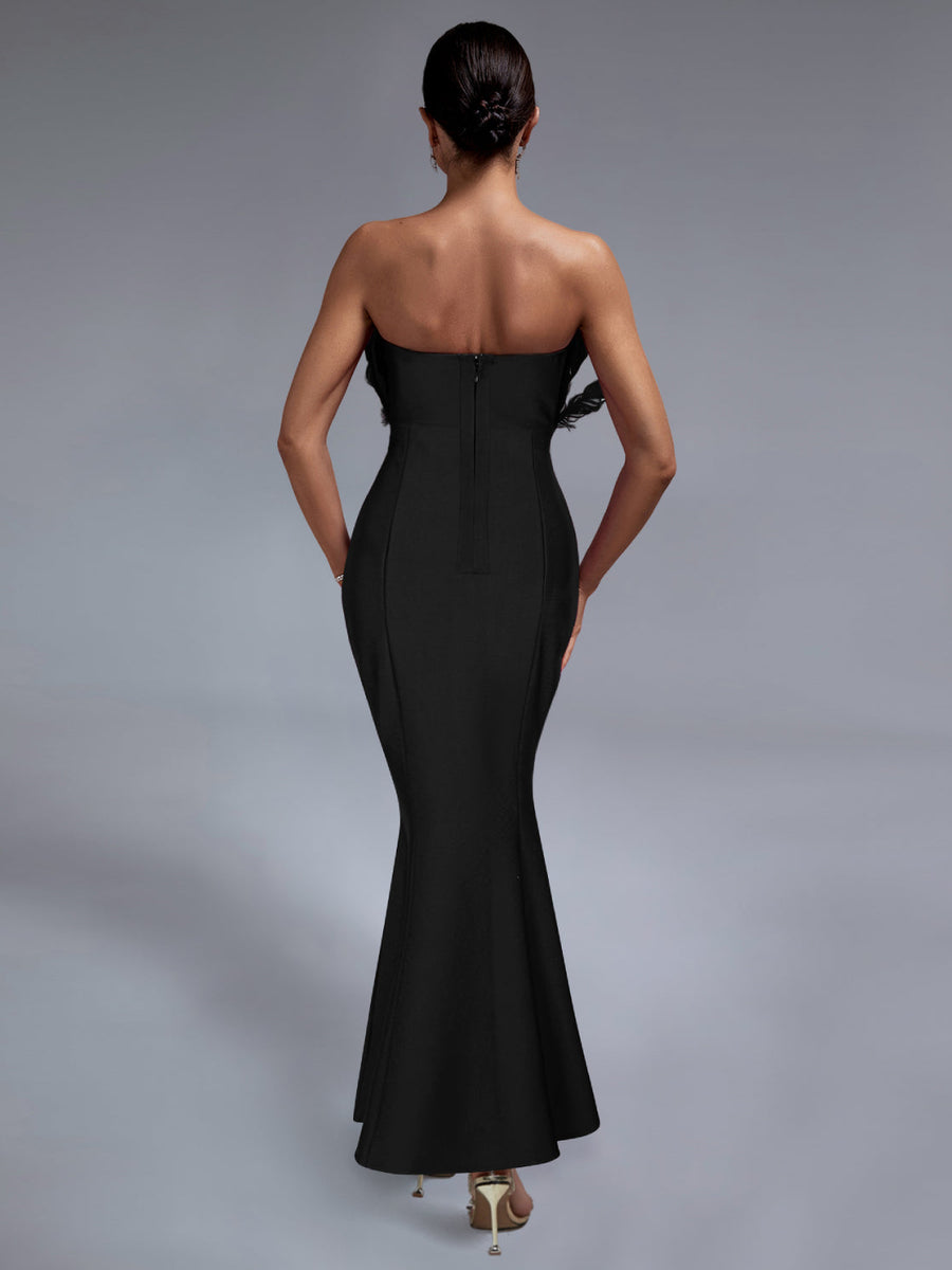 Elegant Strapless Feather-Embellished Maxi Bandage Dress