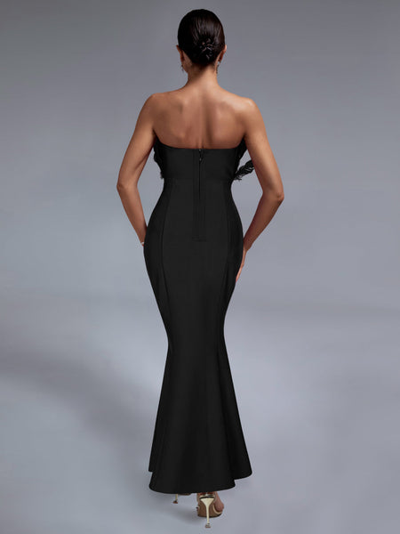 Elegant Strapless Feather-Embellished Maxi Bandage Dress