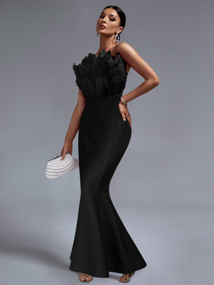 Elegant Strapless Feather-Embellished Maxi Bandage Dress