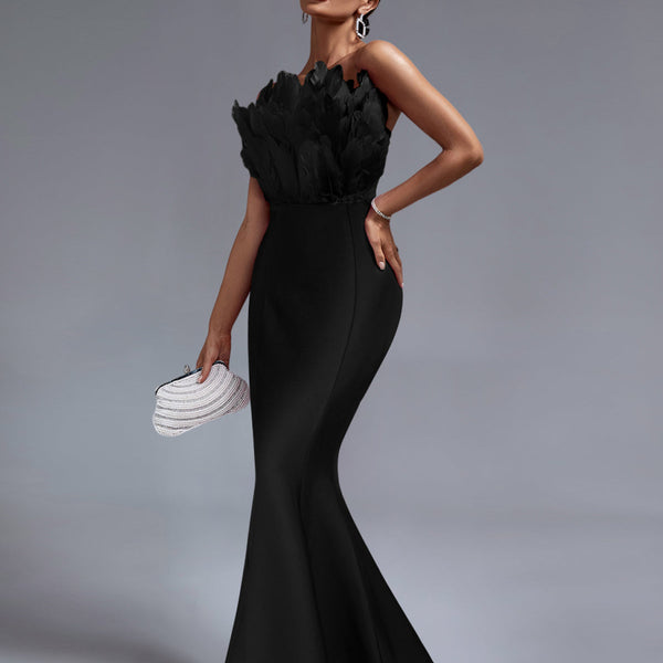 Elegant Strapless Feather-Embellished Maxi Bandage Dress