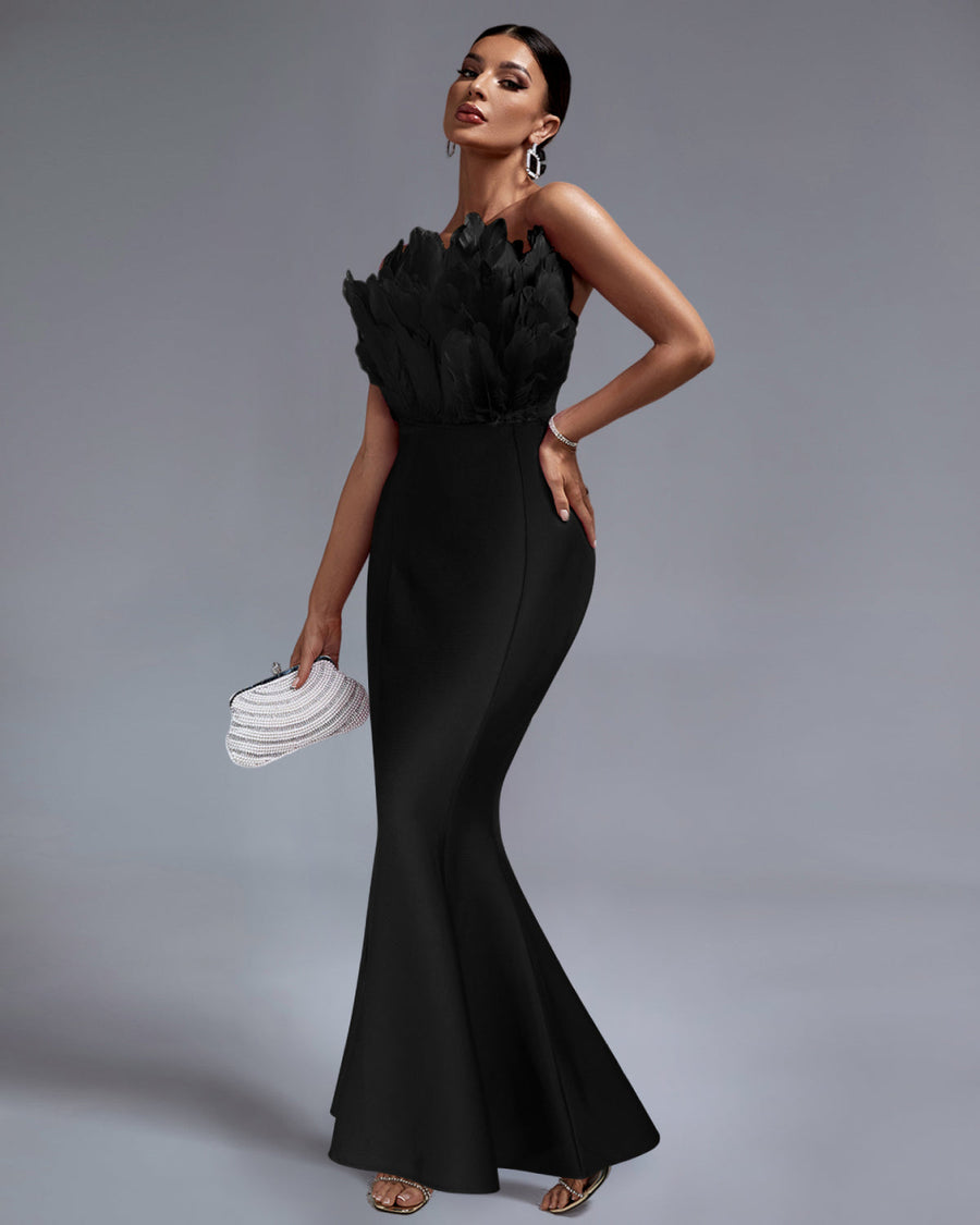 Cecilia Beaumont — Elegant Strapless Feather-Embellished Maxi Bandage Dress, alternate view 2