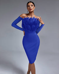 Celestine Beaumont — Off Shoulder Feather Midi Bandage Dress, alternate view 4