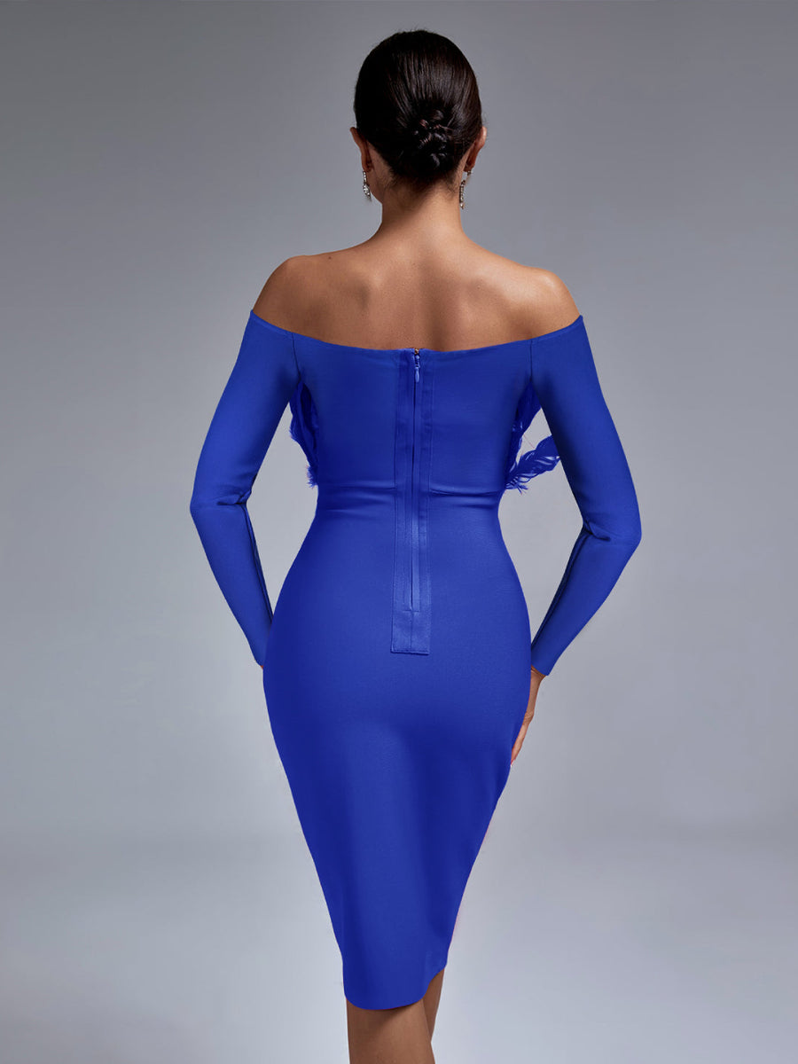 Off Shoulder Feather Midi Bandage Dress