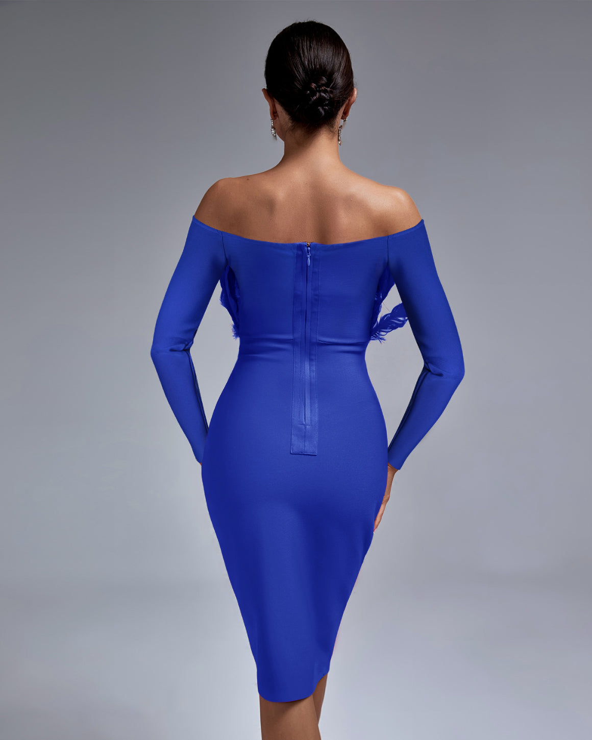 Celestine Beaumont — Off Shoulder Feather Midi Bandage Dress, alternate view 3