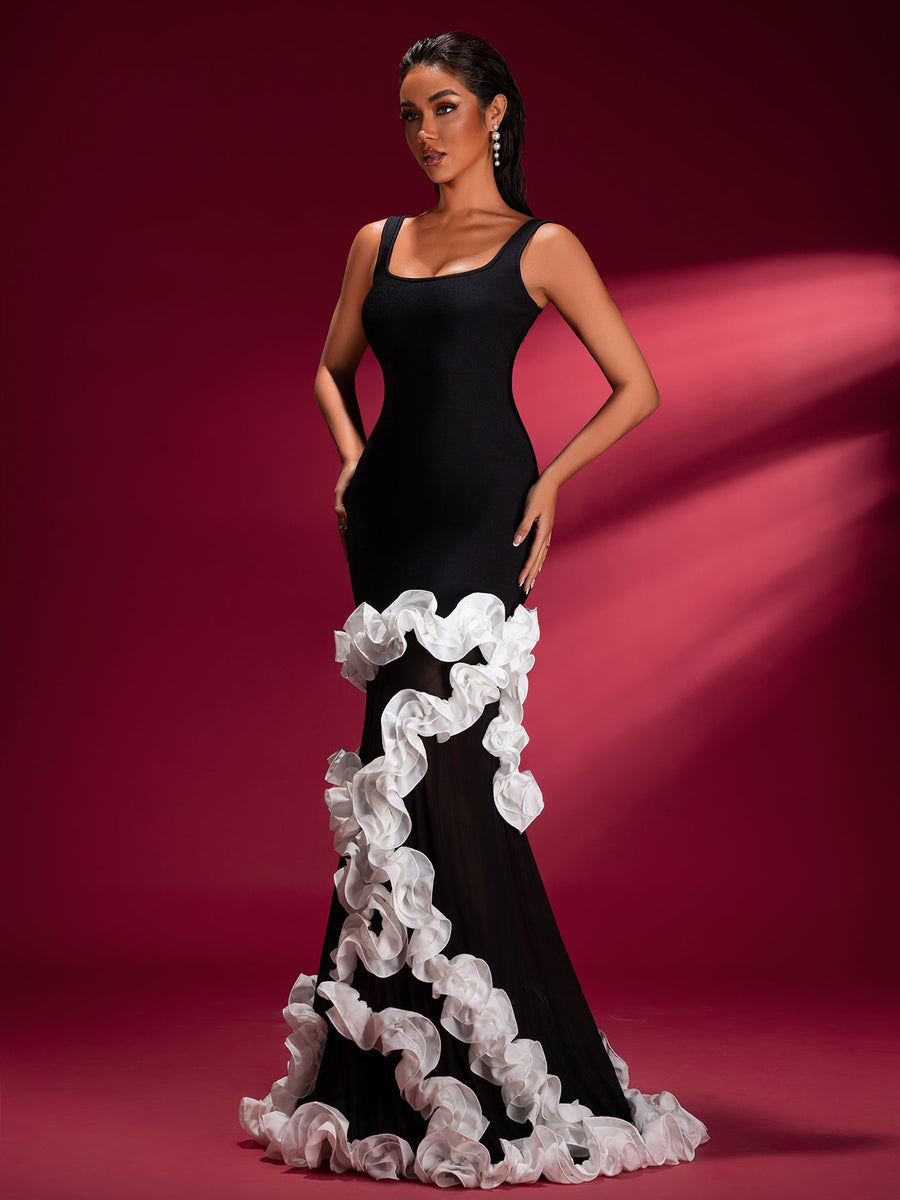 Ivory white long gown with Wisteria stripes for a sophisticated and elegant style