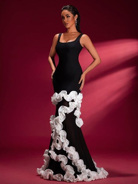 Ivory white long gown with Wisteria stripes for a sophisticated and elegant style