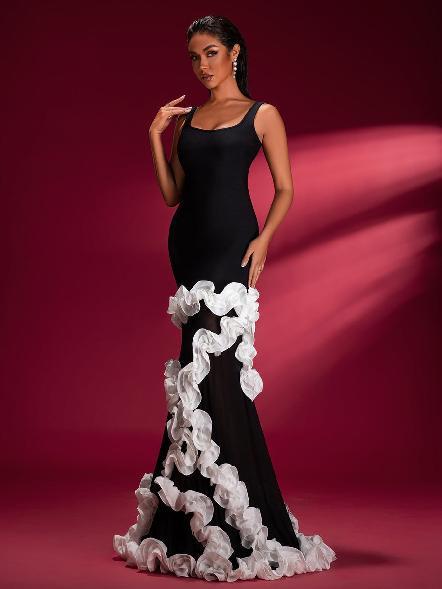 Ivory white long gown with Wisteria stripes for a sophisticated and elegant style