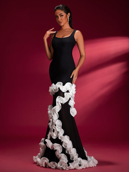 Ivory white long gown with Wisteria stripes for a sophisticated and elegant style