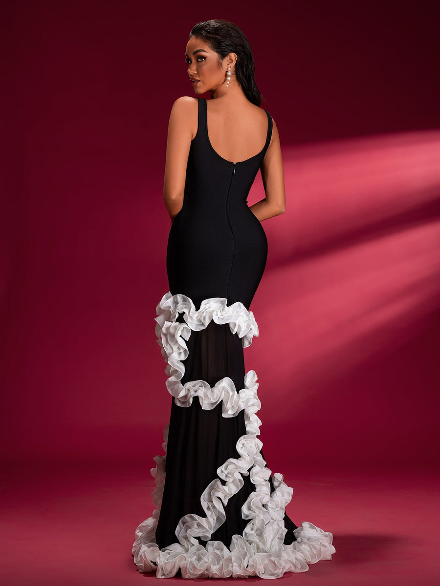 Ivory white long gown with Wisteria stripes for a sophisticated and elegant style