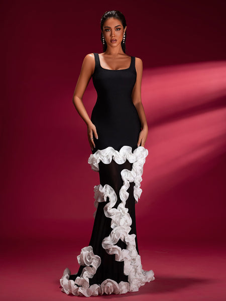 Ivory white long gown with Wisteria stripes for a sophisticated and elegant style