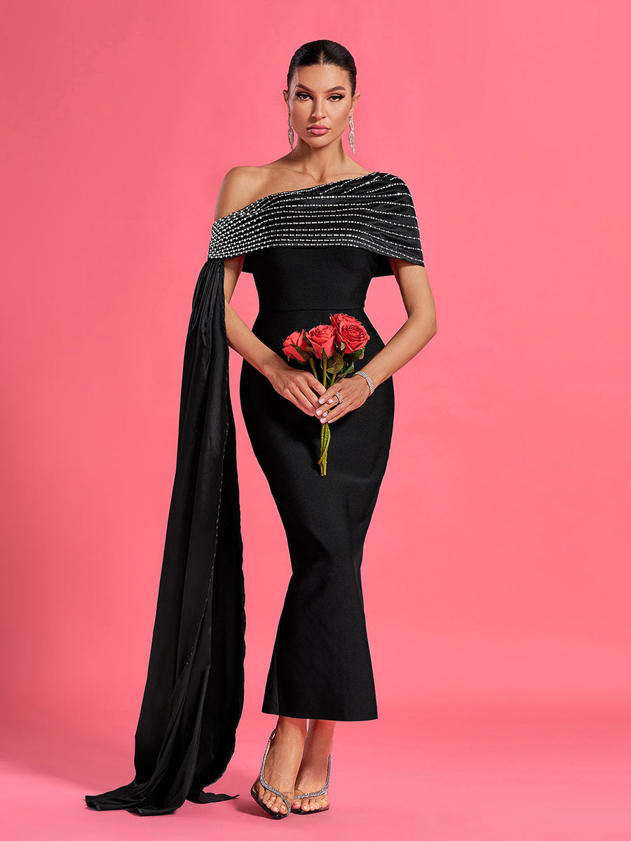 Slanted Shoulder Rhinestone Bandage Dress - Opulent Empire