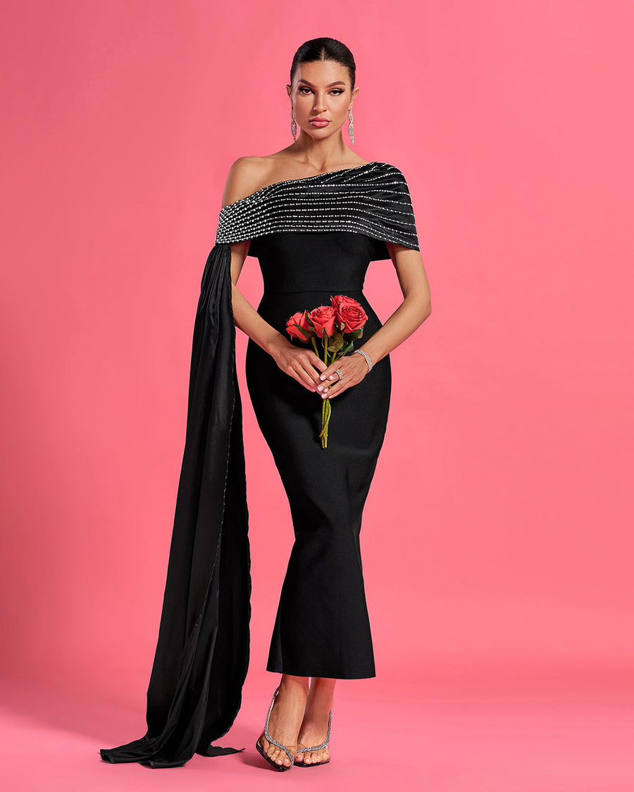 Sylvie Beaumont — Slanted Shoulder Rhinestone Bandage Dress
