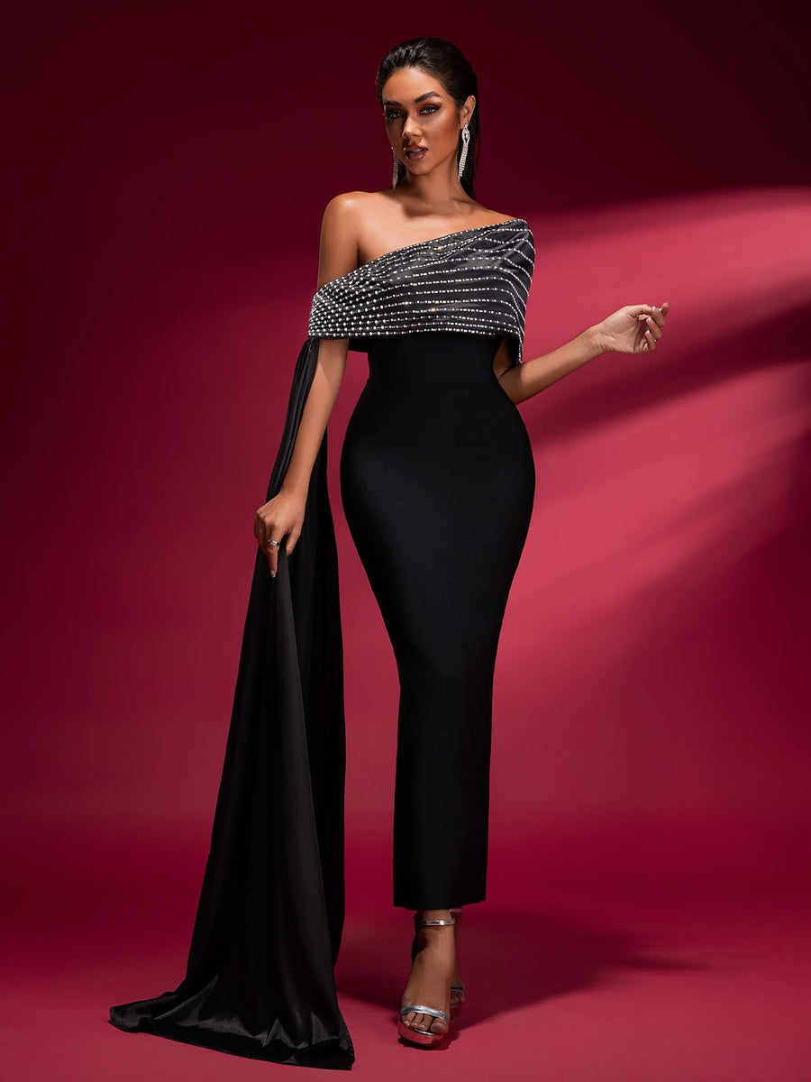 Slanted Shoulder Chain Bandage Dress - Opulent Empire