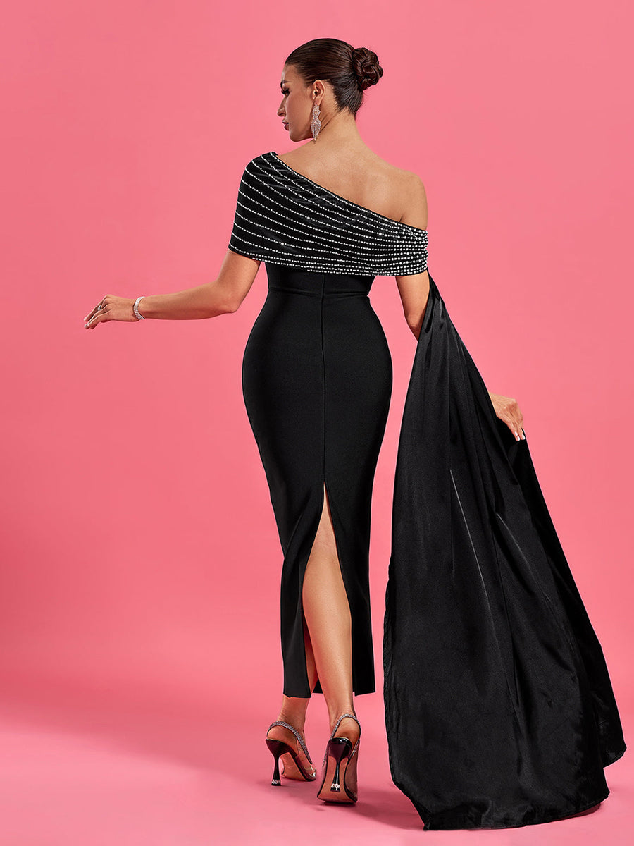 Slanted Shoulder Rhinestone Bandage Dress - Opulent Empire