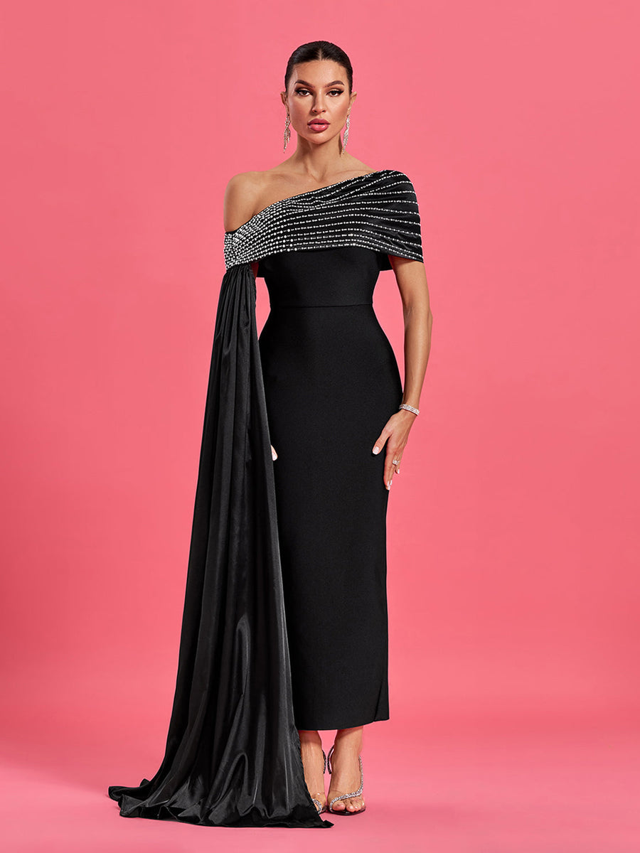 Slanted Shoulder Rhinestone Bandage Dress - Opulent Empire