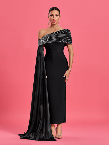 Slanted Shoulder Rhinestone Bandage Dress - Opulent Empire