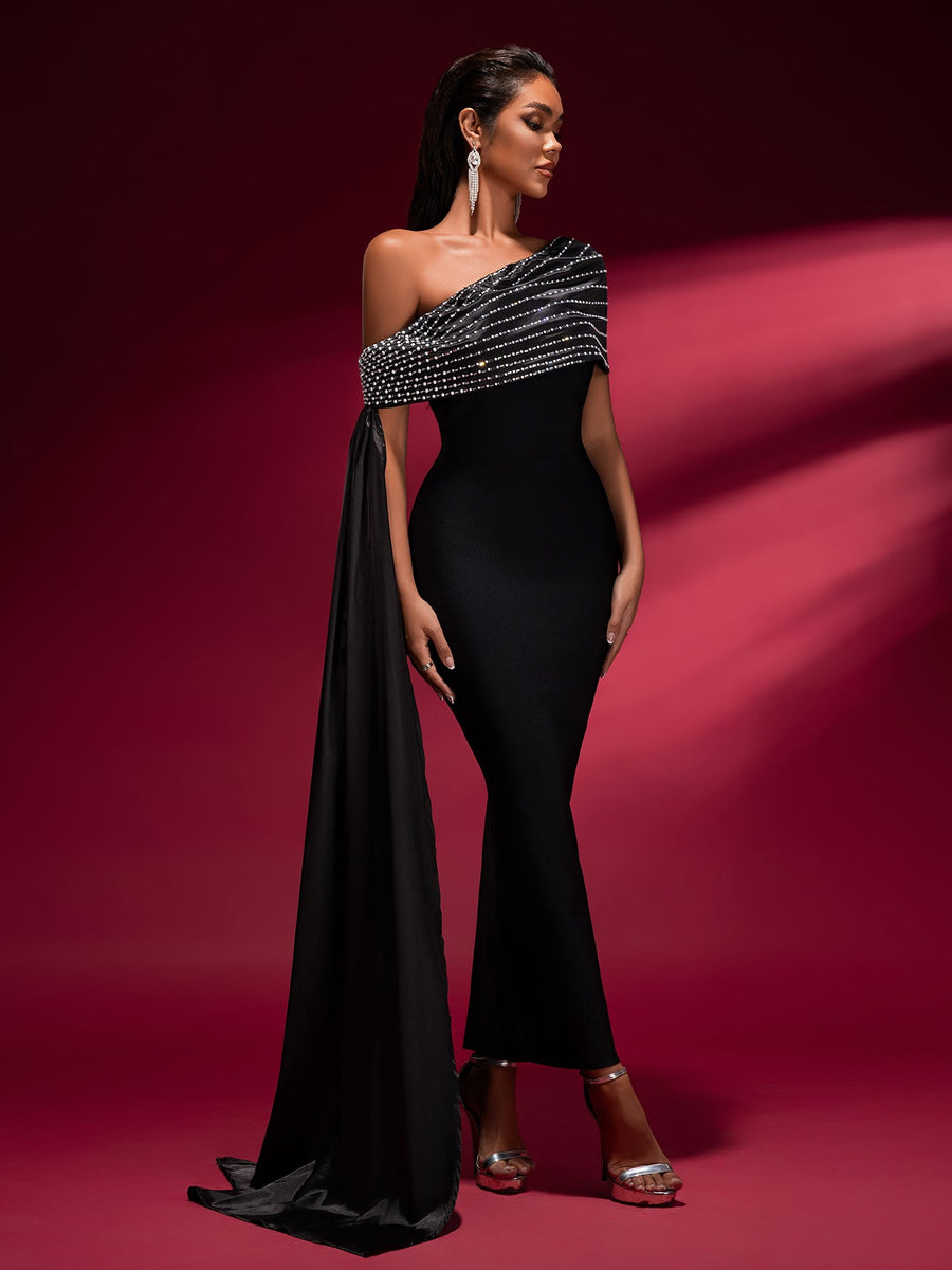 Slanted Shoulder Chain Bandage Dress - Opulent Empire