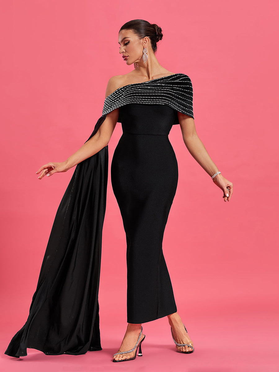 Slanted Shoulder Rhinestone Bandage Dress - Opulent Empire