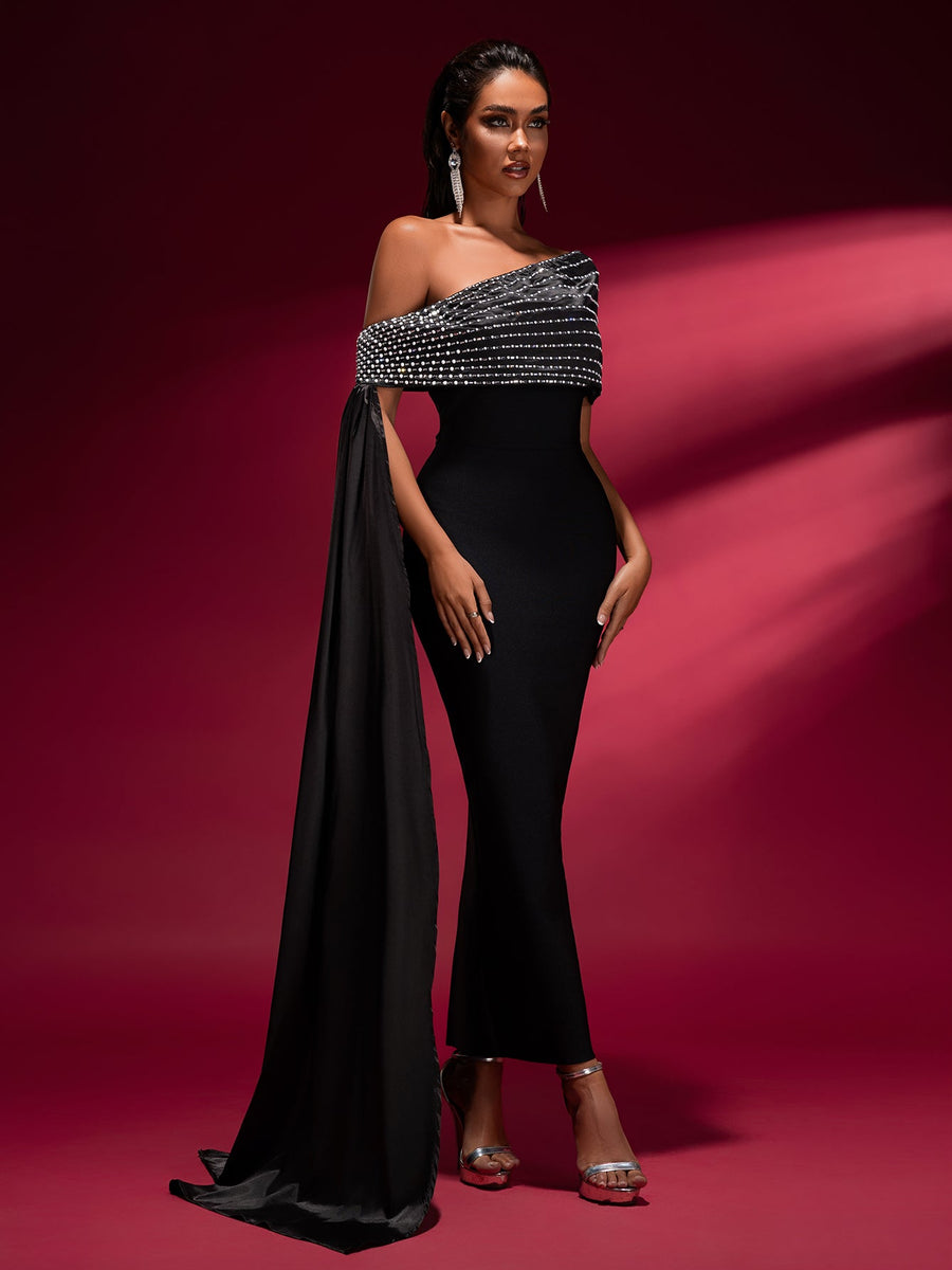 Slanted Shoulder Chain Bandage Dress - Opulent Empire