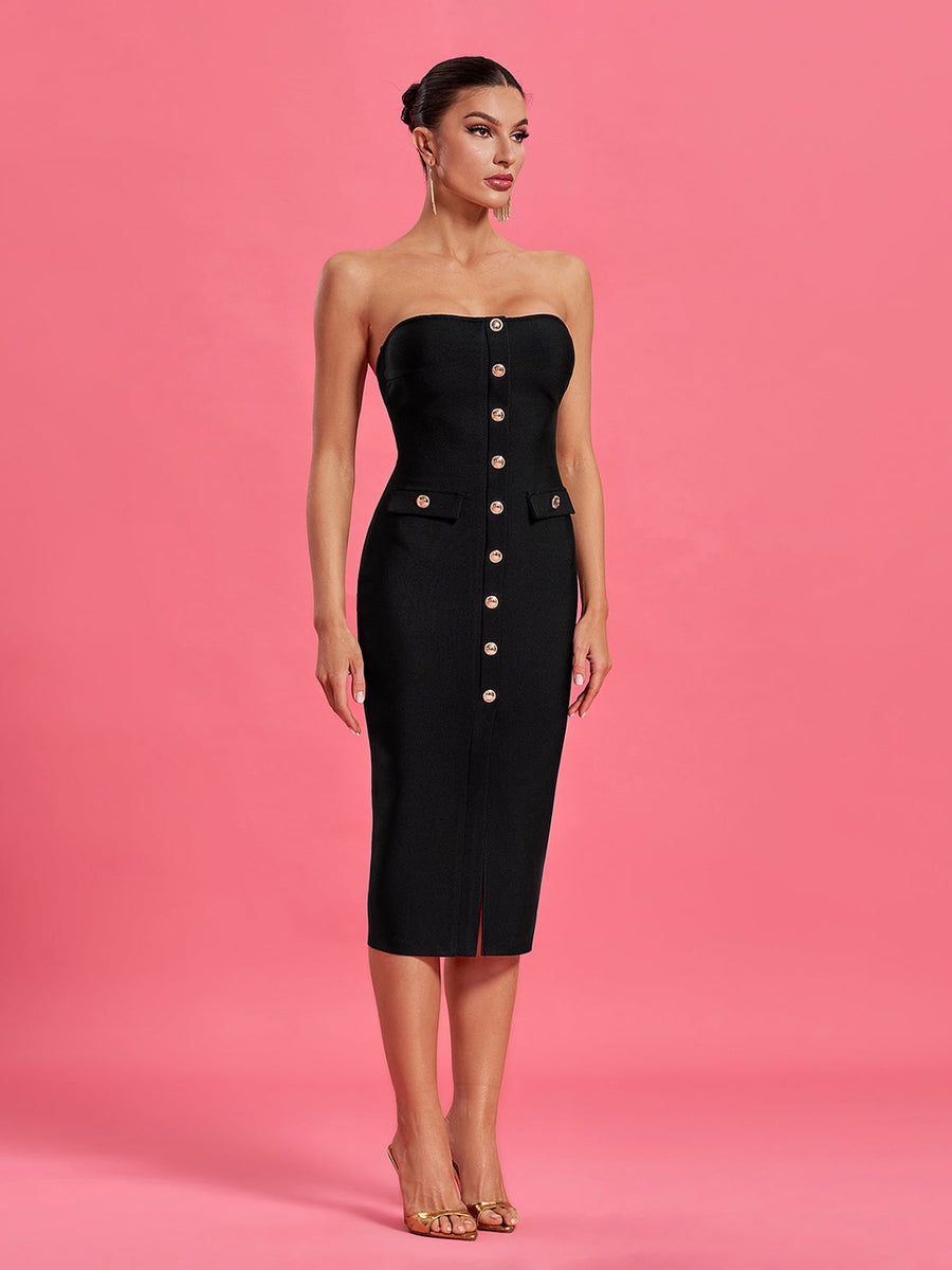Ärmelloses Midikleid mit Knöpfen und Bandage für elegante Raffinesse