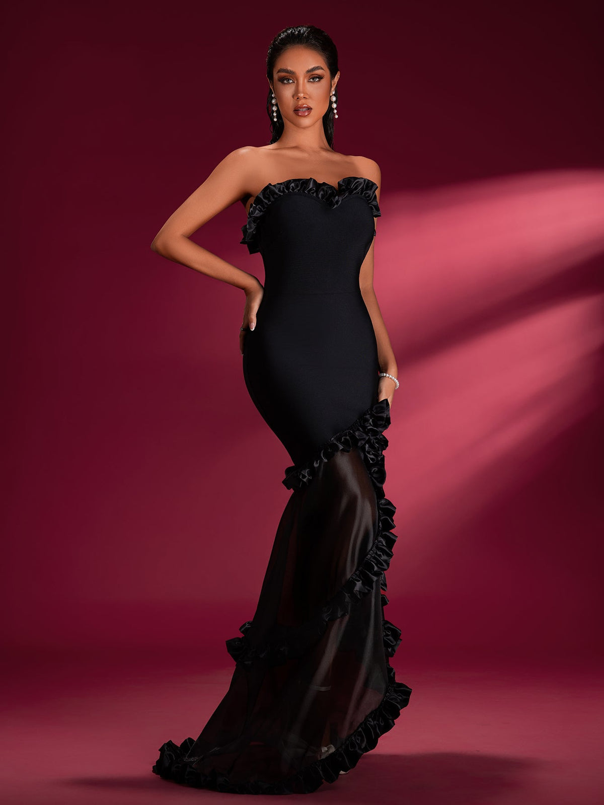 Verena Montclair — Strapless Ruffled Mermaid Bandage Maxi Dress, alternate view 5