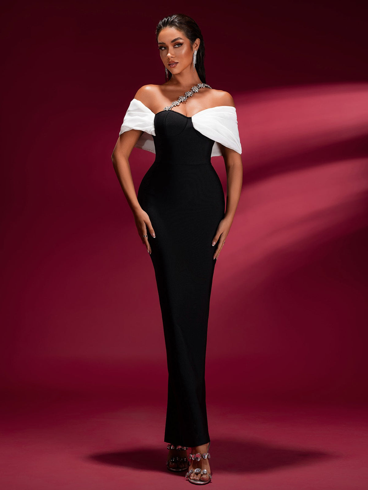 Crystal-embellished Off Shoulder Bandage Dress
