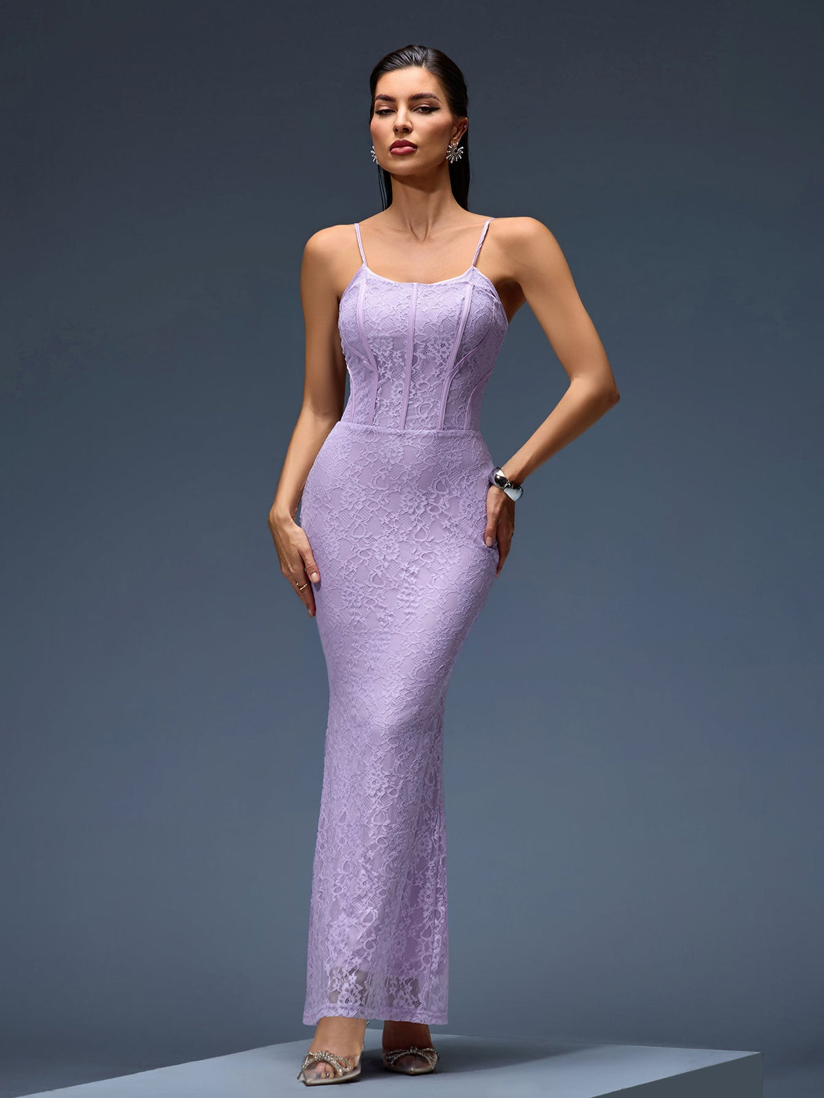 Claudette Montclair — Long Lace Orchid Lilac Dress with Elegant Corset, alternate view 4