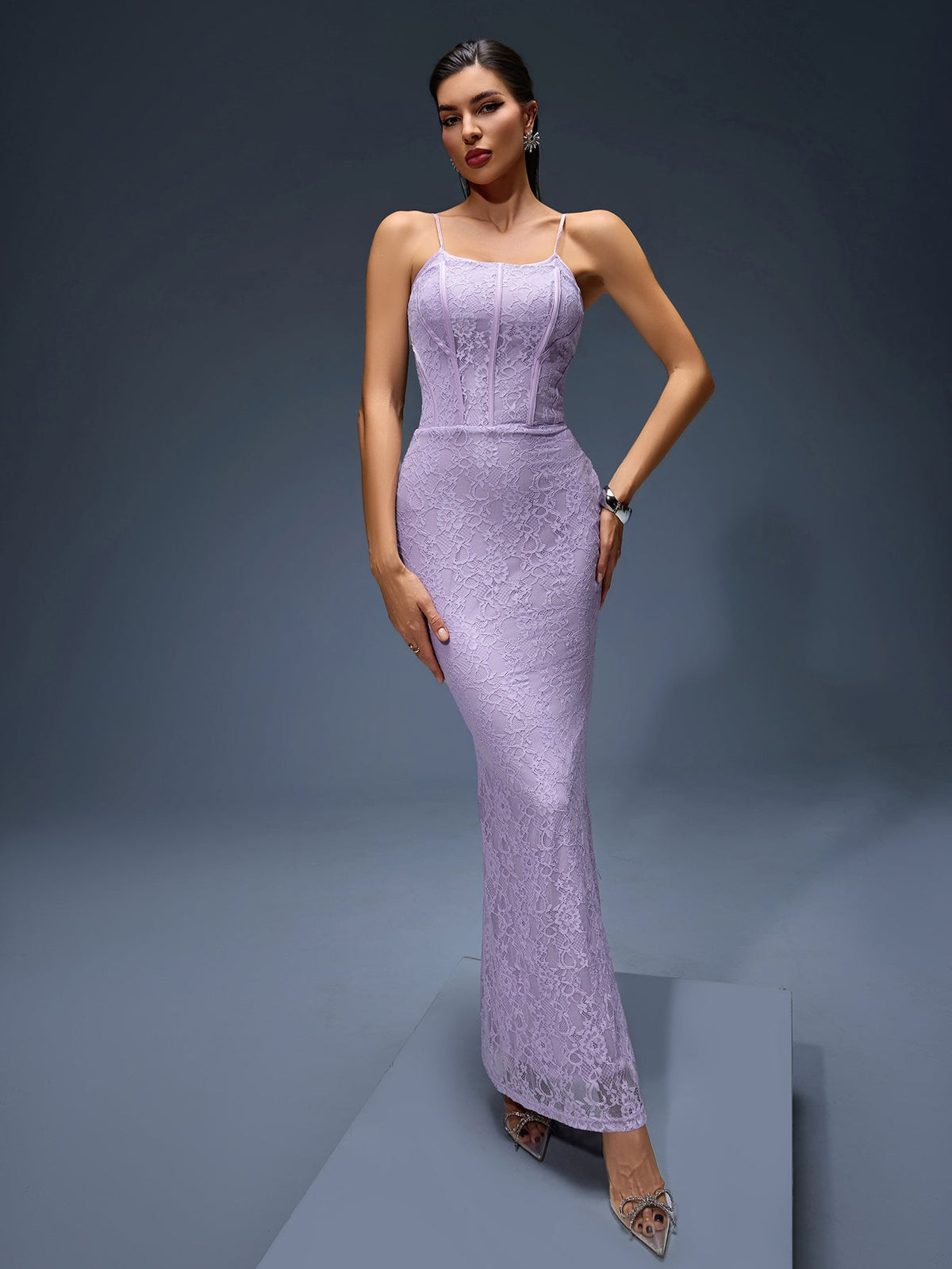 Claudette Montclair — Long Lace Orchid Lilac Dress with Elegant Corset, alternate view 5