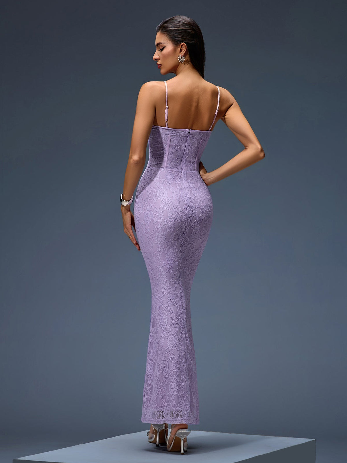 Claudette Montclair — Long Lace Orchid Lilac Dress with Elegant Corset, alternate view 6