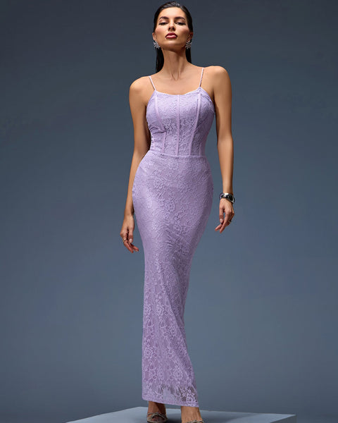 Long Lace Orchid Lilac Dress with Elegant Corset