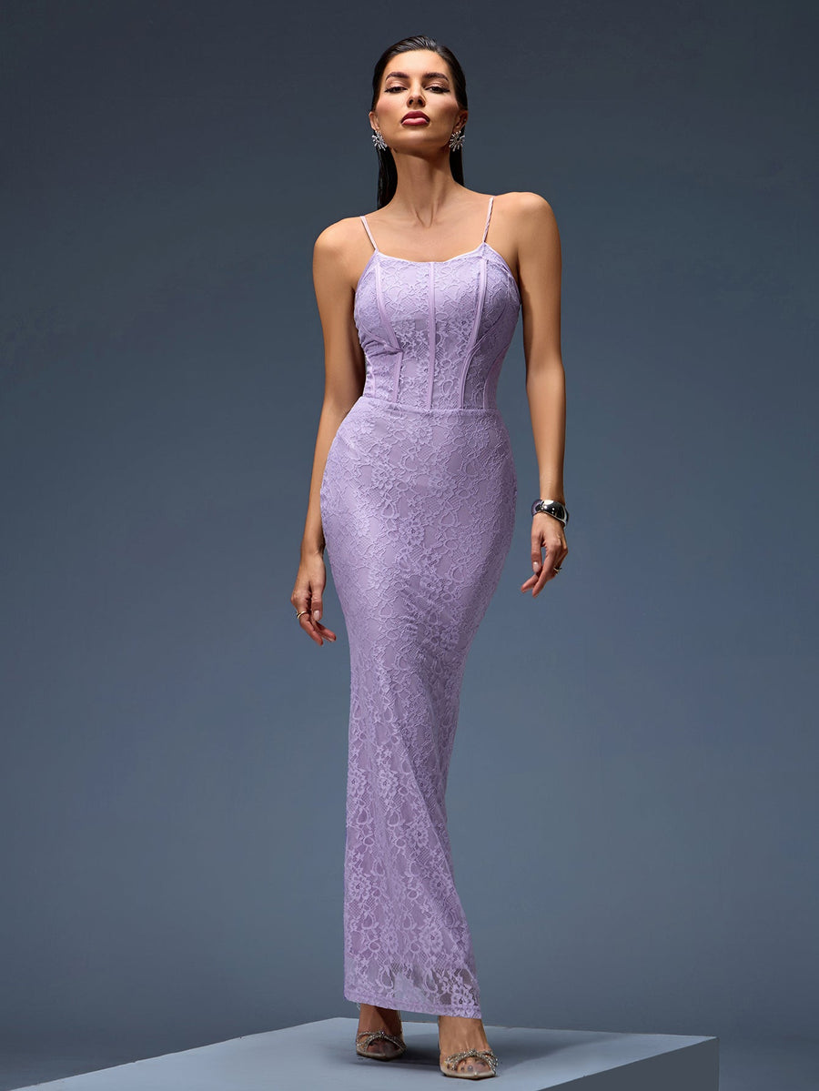 Claudette Montclair — Long Lace Orchid Lilac Dress with Elegant Corset